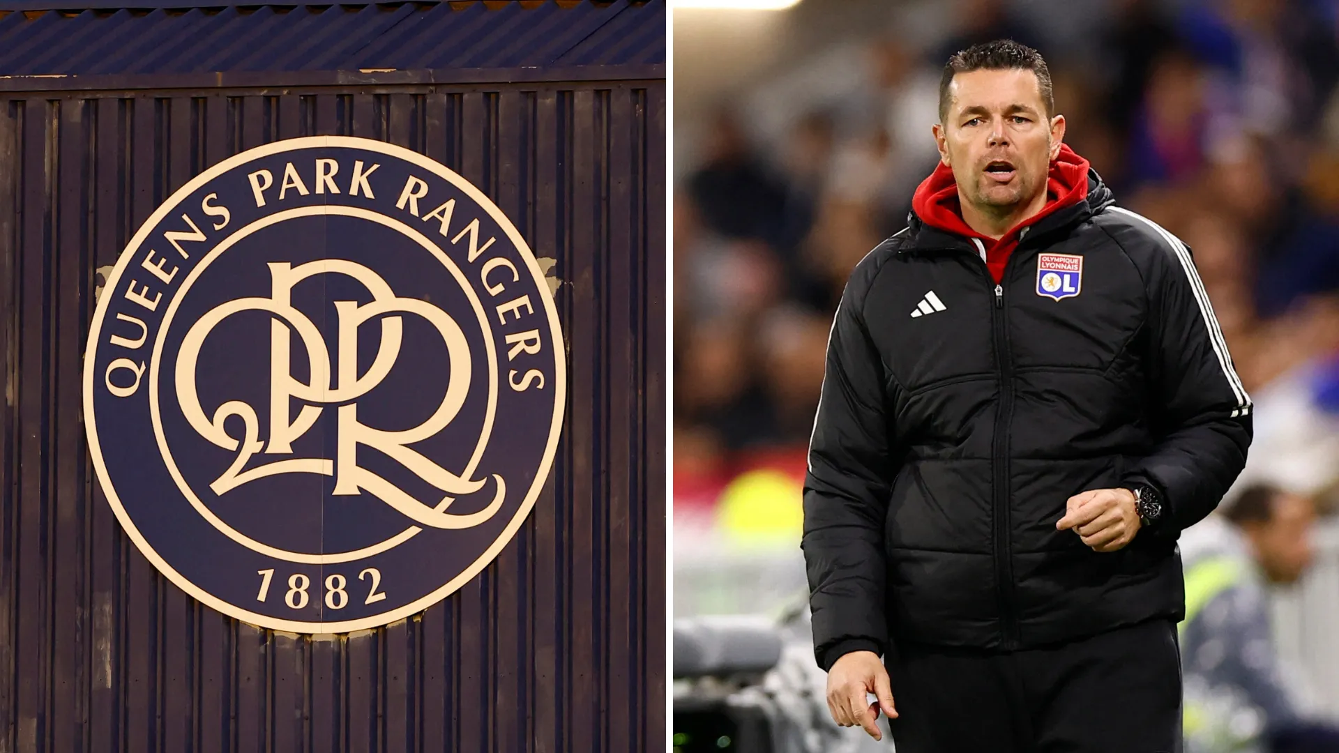 Pierre Sage và logo QPR, ứng viên tiềm năng cho ghế HLV trưởng tại Loftus Road