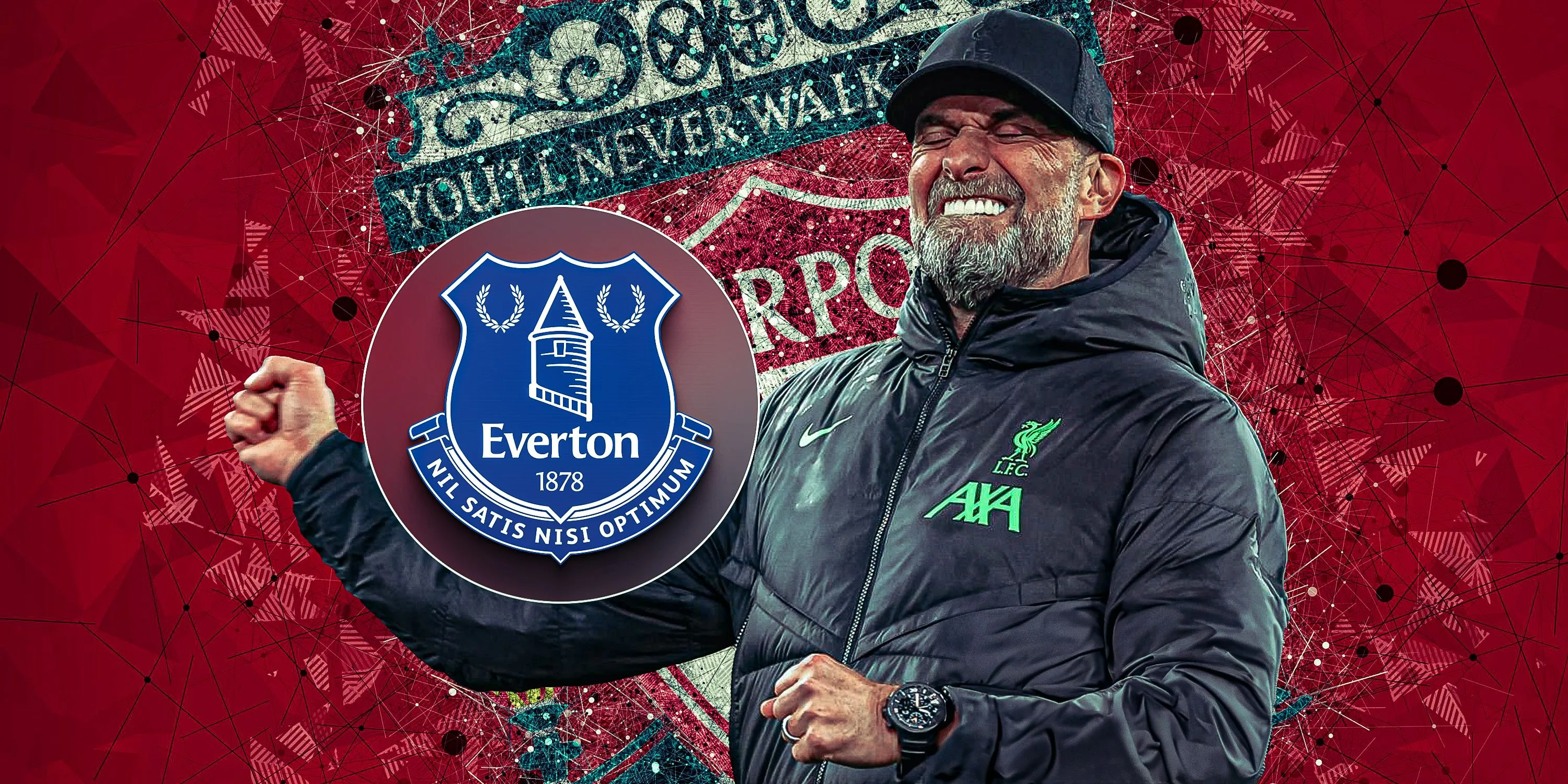 Jurgen Klopp ăn mừng chiến thắng bên cạnh logo Everton, biểu tượng cho những trận derby Merseyside đầy cảm xúc