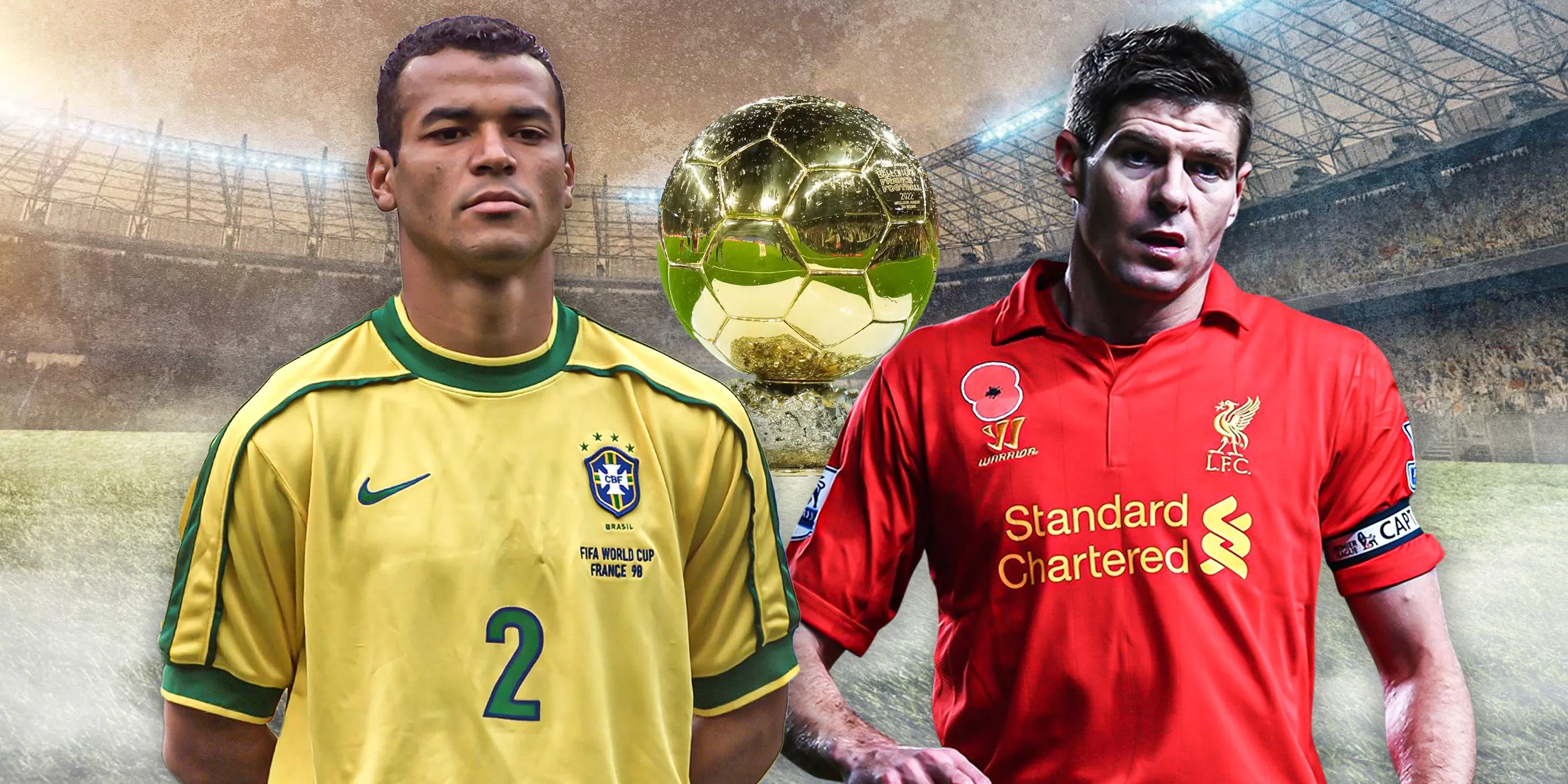 Steven Gerrard của Liverpool và Cafu của Brazil, hai huyền thoại từng xếp sau Emmanuel Olisadebe trong cuộc đua Ballon d'Or 2001.